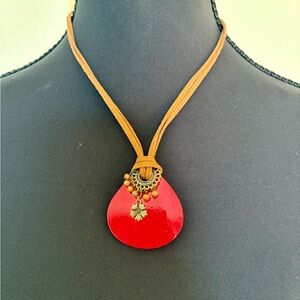 Red Pendant Necklace with Tan Leather Cord